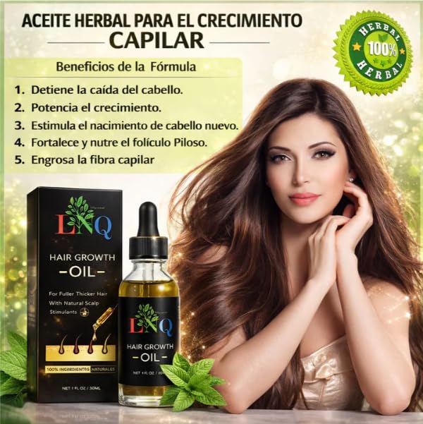 Aceite Capilar Herbal LNQ – Fórmula Natural para Crecer, Fortalecer y Engrosar el Cabello