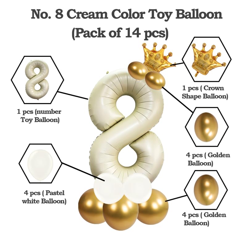 Image of Cream Color 32 Inch Number Helium Foil Balloon For Birthday Decoration Items | Number foil Balloon 8 | Anniversary Decoration Items | Pack of 14