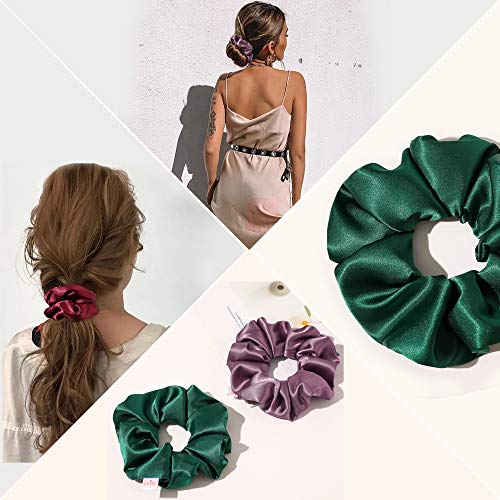 Image of Silk Scrunchies for Girls and Women - Cute Hairties for Thick, Curl, or Fine Hair, No Crease Soft Hair Accessories, Ponytail Holders (Burgundy, Purple, Pink, Green)