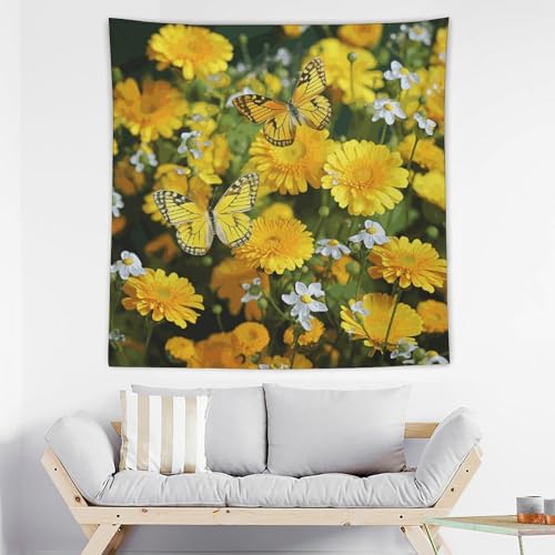 Tapisserie murale papillon jaune et marguerites en tissu imprimé pour décoration de chambre