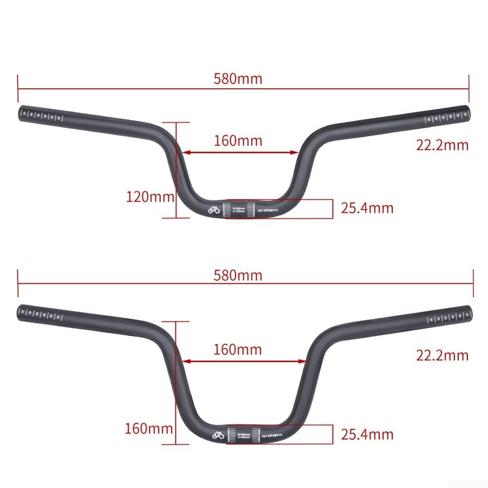 Balanced Control Lenker für Falträder, 25,4 x 580 mm, Aluminiumlegierung mit erhöhtem Vorbau, 120/160 mm, für Brompton (25,4 x 580 x 120 mm, schwarz)