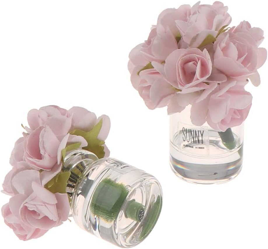 2 Pcs Dollhouse Miniature Flowers Dollhouse Mini Vase with Flower Dolls House Flower Glass Vase 1:12 Scale Dollhouse Miniature Flower in Vase, Lightweight Dollhouse Decor