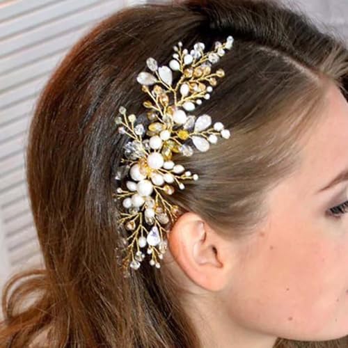 JONKY Crystal Wedding Hair Comb Gold Rhinestone Bride Hair Piece Bridal Pearl Hair Accessories for Women