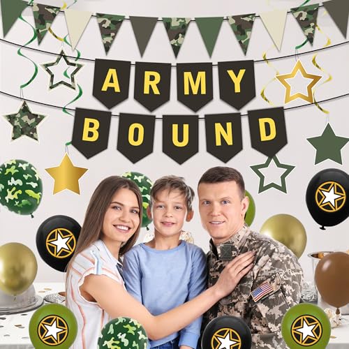 Image of Holkcog Army Party Decorations, Green Military Themed Birthday Banner, Farewell Party Welcome Ceremony, Army Bound Themed Cupcake Decorations, Boot Camp Cake Topper Ballons Supply