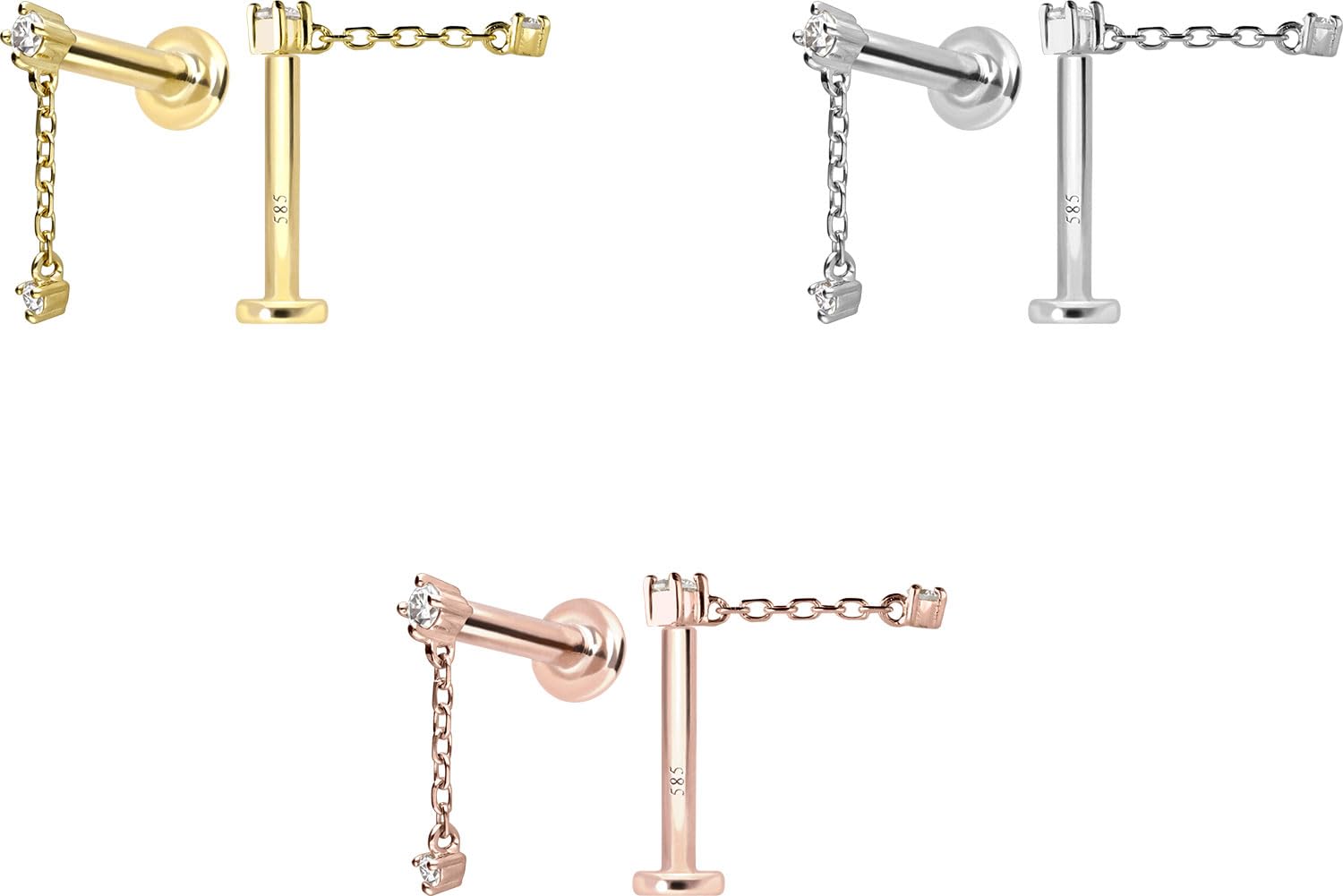 PIERCINGLINE Piercing Stecker 14 Gold Labret mit Innengewinde 2 MOISSANITE + KETTE 585er Gold - Roségoldfarben, Goldfarben, Silberfarben