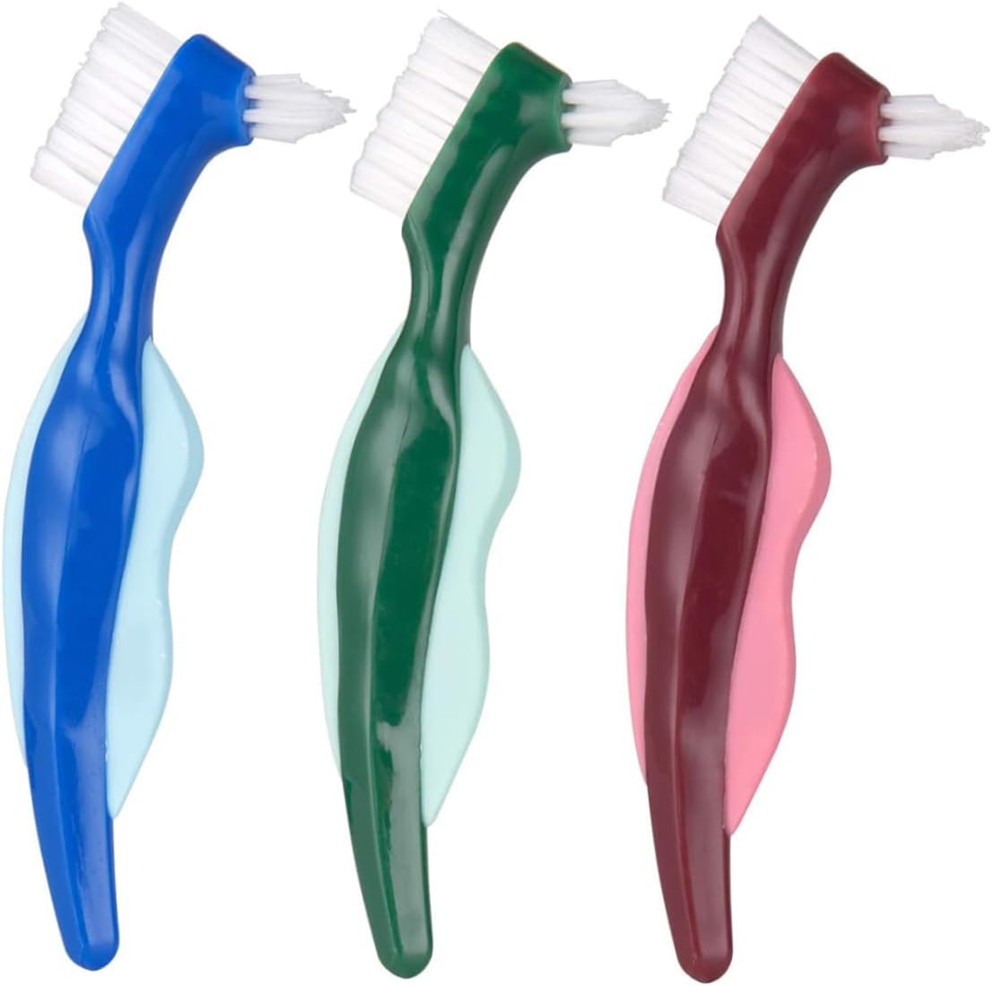 VOSAREA 3pcs Dual Head Denture Cleaning Brushes with Hard Bristles for False Teeth Care Ergonomic Long Handle Toothbrush in Red Green Blue Convenient Grip for Elderly Teeth Cleaning