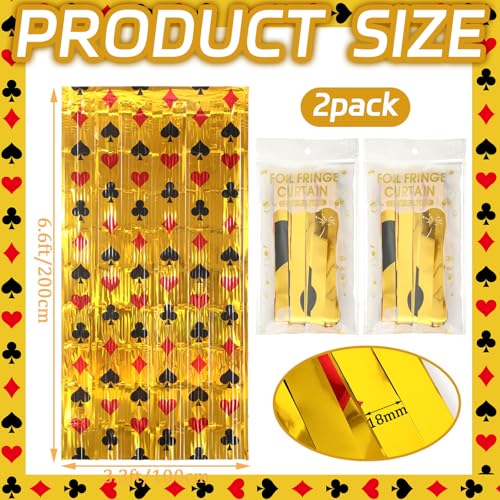 Image of Feifeiya 2 Pack Casino Theme Party Decorations 3.3 x 6.6 ft Foil Fringe Curtains Metallic Gold Tinsel Streamers with Red Black Poker Card Patterns for Game Night Bachelorette Graduation