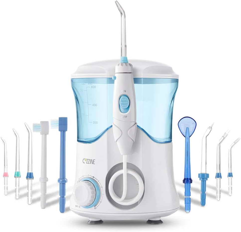 Water Flosser with 9 Multifunctional Tips, Cozzine Oral Irrigator Family Dental Water Flosser for Teeth Braces, 10 Pressure Setting and 600ml High Capacity, FDA Approved