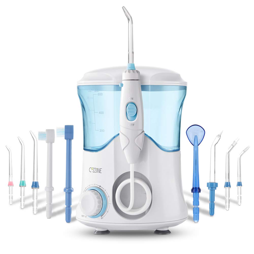 Water Flosser with 9 Multifunctional Tips, Cozzine Oral Irrigator Family Dental Water Flosser for Teeth Braces, 10 Pressure Setting and 600ml High Capacity, FDA Approved
