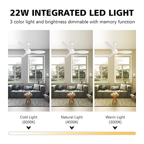 Ouater 48 Inch Ceiling Fans With Lights,White Ceiling Fan With Light And Remote,3 Color Light,6 Speed,Dc Motor,For Bedroom/Outdoor/Patios,White #TOP6