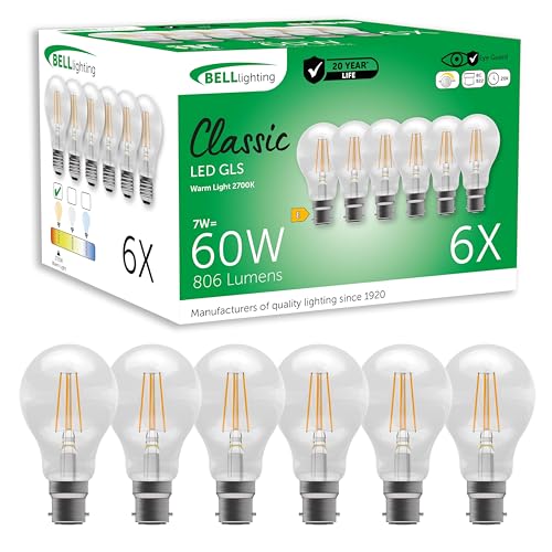 BELL Lighting B22 Bayonet Filament Light Bulb LED GLS 6 Pack | Warm White 2700K | 810 Lumen 7 Watts | Energy Saving GLS LED Light Bulb | 60W Lamp Equivalent | Non-Dimmable