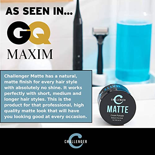 Challenger Men’s Matte Cream Pomade, 3 Ounce | Natural Finish, Clean & Subtle Scent | Medium Firm Hold | Water Based & Travel Friendly. Hair Wax, Fiber, Clay, Paste All In One #TOP5