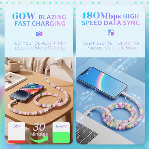 Image of 4-in-1 Beaded Charging Cable, MFi Certified, Works with CarPlay, 3.3FT 60W Fast Charger Cord for iPhone 17 /16 /15 /14 /13 /12 /11, iPad, Samsung, Android and More (Candy Sprinkles)