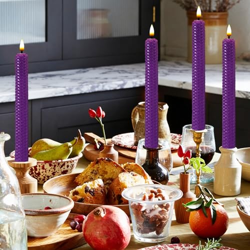 Image of Beeswax Honeycomb Flameless LED Taper Candles, 9.5 Inch Flickering Wax Candles with Remote & Timer, Purple Battery Operated Dripless Tapered Candle for Home Wedding Decor, 4 Pack