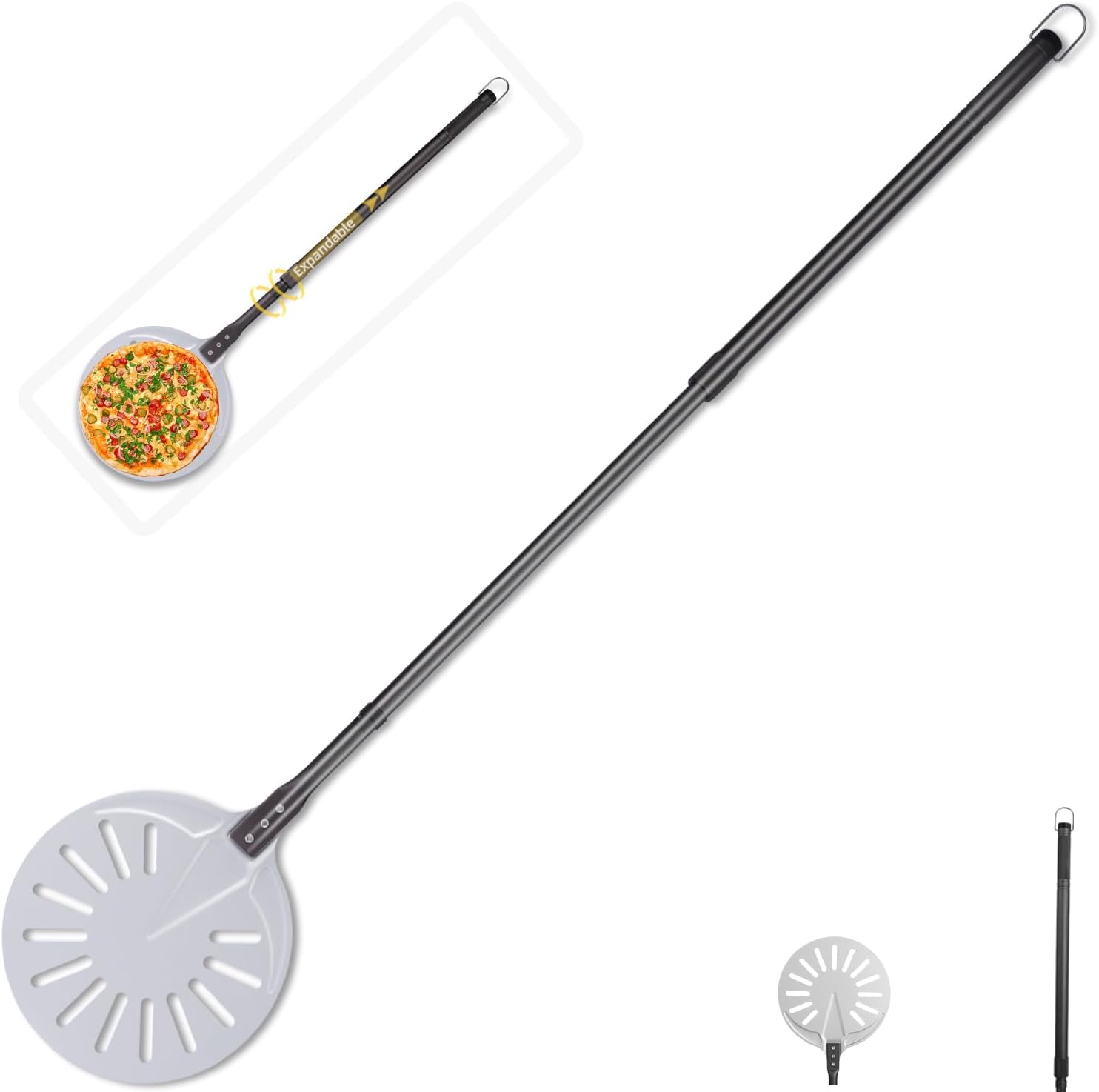 Pizza Turning Peel 9" - Adjustable 33.58' - 49" Long Handle Sliding Pizza Peel, Lightweight Pizza Oven Accessories for Indoor and Outdoor (Ti-Brown)