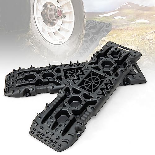 COSTWAY 2 PCS Traction Boards, 10t Recovery Tracks Tire Traction Mat for Sand/Mud/Snow Off-road, Traction Tire ladder Pad for Car AUV Emergency (with Jack Lift Base, Black, 108 x 31 x 7cm)