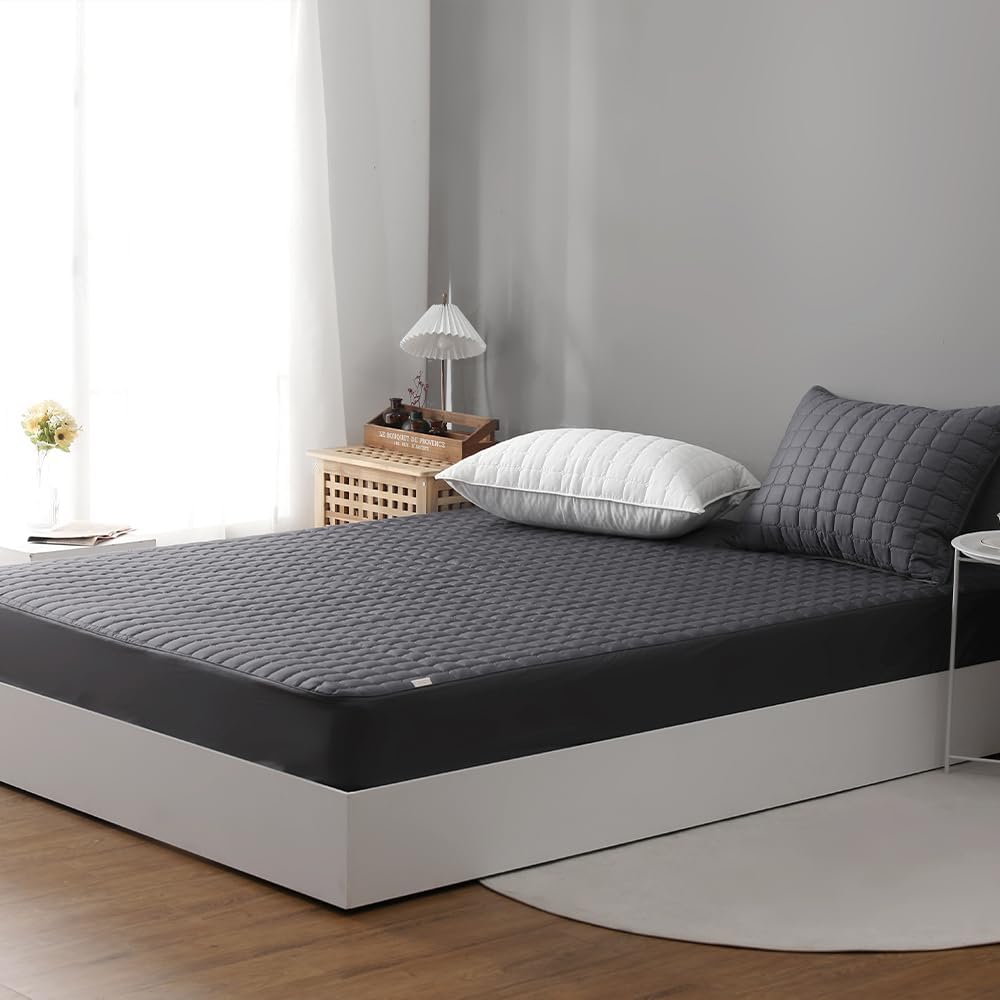 Quilted 100% Cotton Mattress Cover – 6 Colors, Machine Washable, Breathable & Stretchy, Fits up to 16-Inch Deep, Twin/Full/Queen/King (Charcoal, King)