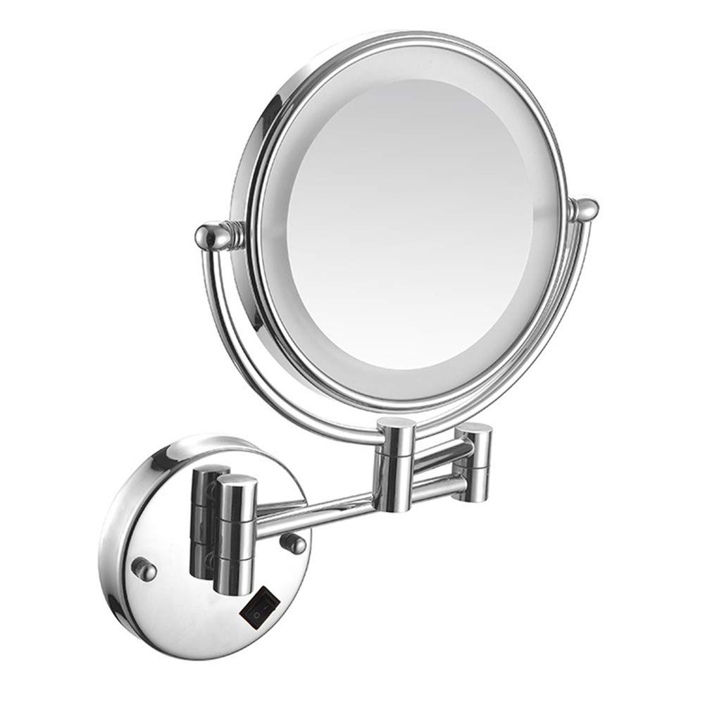 Espejo de maquillaje Montaje en pared, LED Iluminado Doble Cara Normal + 10X Aumento Espejo de baño Giratorio de 360° Extensible Plegable Forma Redonda Espejo de belleza,Gold_8inch 10X (Silv