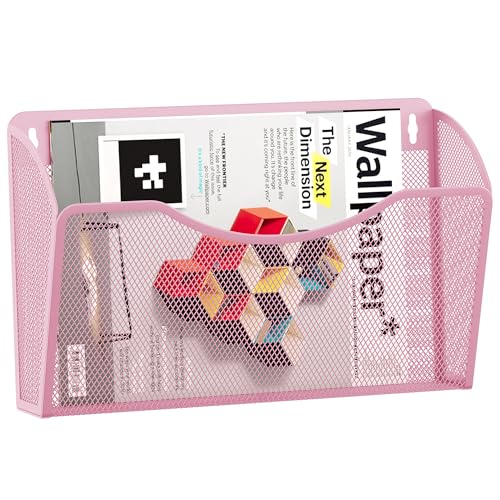 EasyPAG Wall File Organizer, Metal Mesh Hanging File Folder Holder for Letter/A4 Size Folders, Vertical Wall Mount Mail Sorter for Office Paperwork, Classroom, Pink