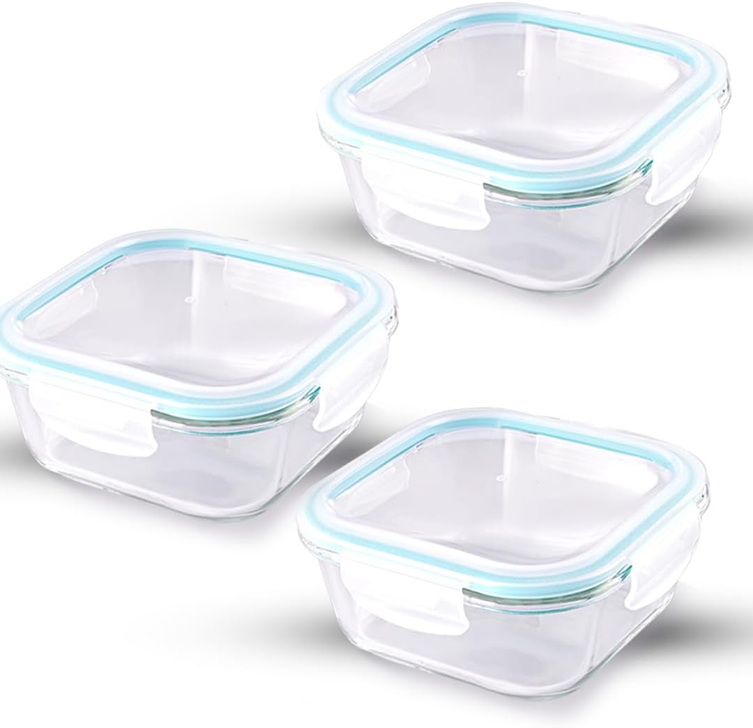 ATTRO Glassox Classic Square Lunch Box With Locking Lid Borosilicate Glass Fridge Organizer Food Storage Containers Microwave & Freezer Safe Set Of 3 310ML,Transparent