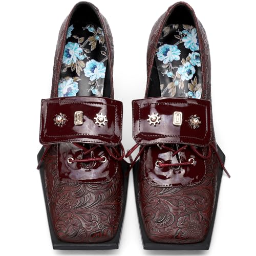 Image of Loafers for Women Patent Leather Buckle Square Toe Chunky Block Dress Slip On Wide Casual Comfortable Dressy High Heels Ladies Comfort Moccasins Elegantes 2 Inch Shoes