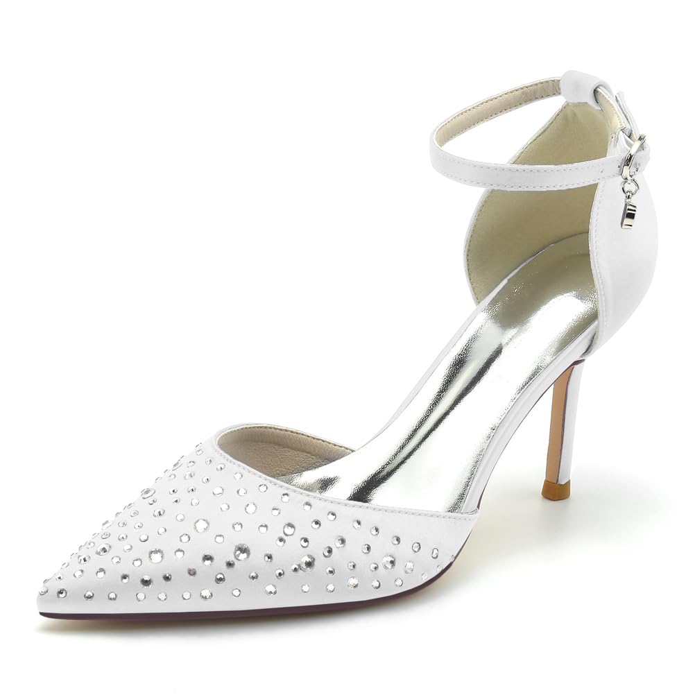Scarpe da Donna con Cinturino alla Caviglia e Strass, décolleté con Tacco a Spillo, Punta Chiusa, Scarpe da Cerimonia, Ospiti di Matrimonio, Feste e Lavoro