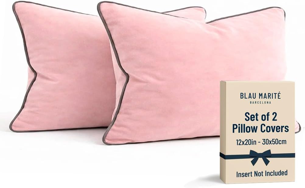 2 Pack Velvet Decorative Throw Pillow Covers, 12"x20", Pink and Grey, Solid, Modern, Contrast Piping, Indoor Use, Bedroom & Living Room