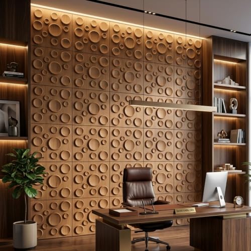 Image of Kayra Decor 3D PVC Wall Panels for Bedroom & Living Room | Moon Design | Metallic Wood Color | 19.7 x 19.7 Inch | Pack of 18 | 42.48 Sq Ft