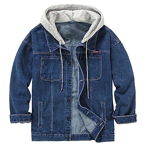 Image of Men's Denim Jacket Distressed Hooded Jean Jackets Baggy Ripped Trucker Coat | Loose Vintage Long Sleeve Denim Hoodie Cotton Button Down Jean Outerwear With Pockets Black Blue Hip Hop Streetwear Casual