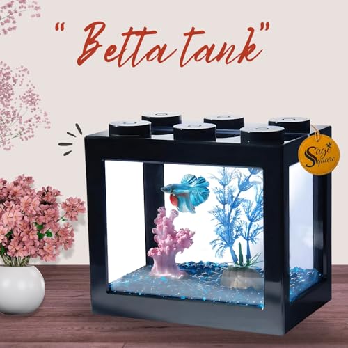 Image of Sage Square Betta Fish Tank - Perfect for Small Spaces, Sturdy, Stylish Design for Beginners & Experienced Fish Keepers, Easy Maintenance Aquarium for Betta Fish, Ideal for Home, Office, Dorm Decor