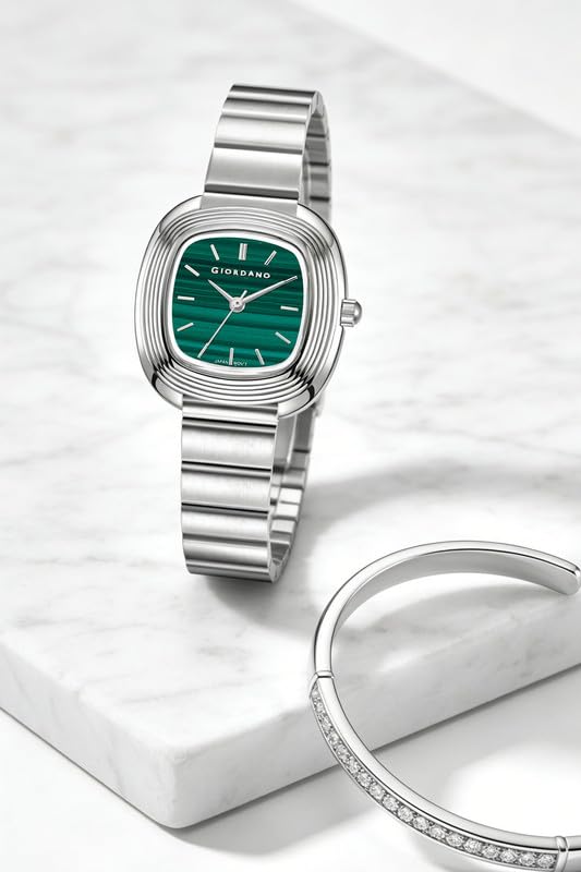 Image of Giordano Analog Quartz Watch for Women with SquareTextured Dial, Cushion Layered Bezel Design and Stainless Steel Strap