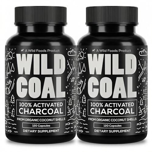 Image of Wild Foods Activated Charcoal Capsules, 100% Organic Coconut Shells, 2 Pack | 120 Count Each, Supports Bloating Relief, Lab Tested & Non-GMO Detox Pills, Worldwide Sourced