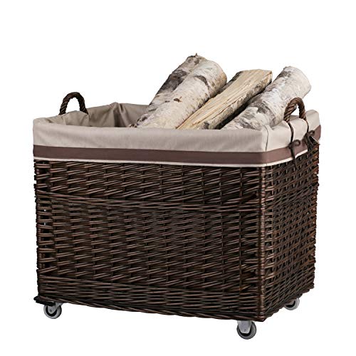 Cesta de mimbre para chimenea rectangular con ruedas y forro 4