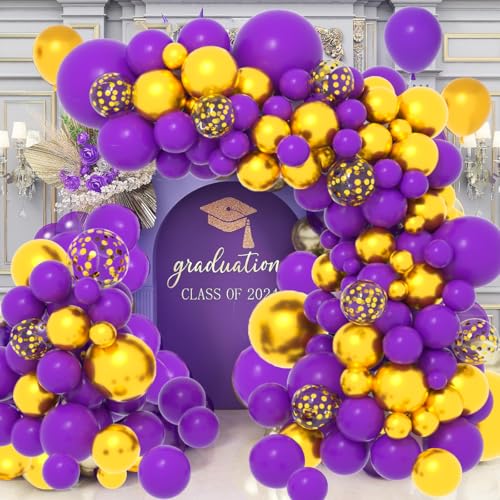 Image of Dark Purple Gold Balloon Garland Arch Kit - 121PCS Purple and Gold Balloons Dark Purple Balloon for Birthday Wedding Anniversary Retirement Graduation Party Decorations