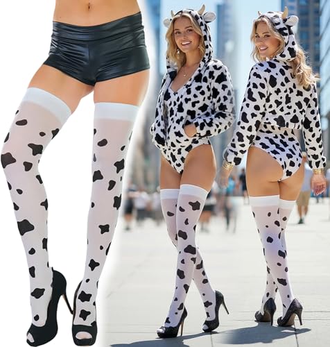 Image of ToBeInStyle Women's Cow Print Thigh High Stocking Bessie The Cow Costume Nylon Bodystocking Cosplay