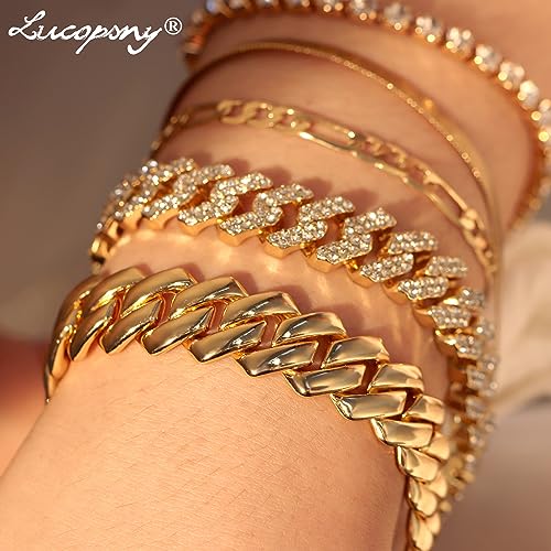 Gold Bracelets for Women, 14K Gold Plated Bracelets Sets for Women, 13mm/14mm Cuban Chain Bracelet Layered Link Chain Bracelets Pack Jewelry Full Diamond for Women3