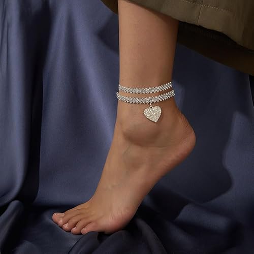 Elegant Silver Anklets for Women - Adjustable Diamond Heart and Rhinestone Beach Jewelry for Plus Size Comfort - Image 7