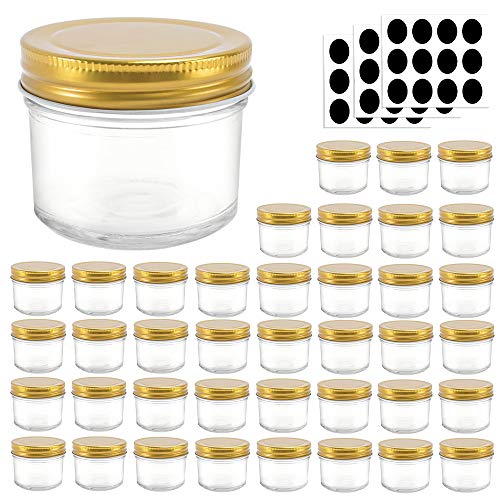 4 oz Clear Glass Jars with Golden Lids, 40 Pack Wide Mouth Manson Jars For Kitchen Storage, Small Canning Jars for Herbs,Honey,Homemade Jam,Jelly,Baby Food,Wedding Favor,Shower Favor and More