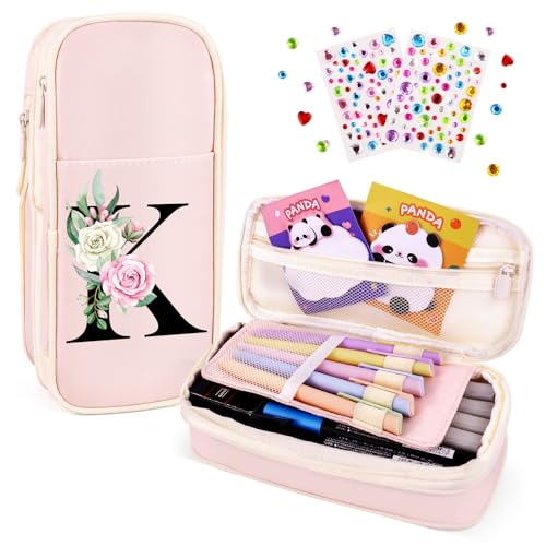 Image of Preppy Pencil Case for Girls, Cute Large Pencil Pouch, Personalized Initial Pencil Bag with Zipper for School College Office Supplies, Back to School Supplies Gifts for Teen Girls (K, Pink)