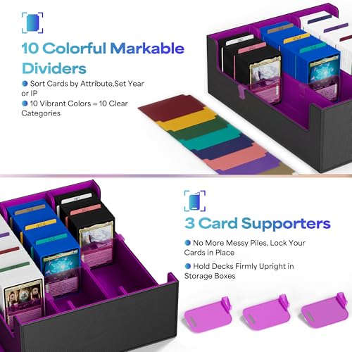 Image of UAONO Trading Card Storage Box, Holds 1800 Sleeved Cards with 10 Dividers & 3 Stoppers, Magnetic Closure PU Leather Card Case for MTG, PTCG, YGO, Sports Cards (Black&Purple)