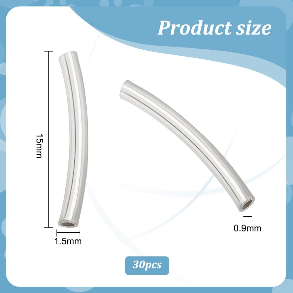 PH PandaHall 30pcs 925 Sterling Silver Tube Beads 15mm Metal Curved Tube Bead Long Noodle Beads Spacer Bead for DIY Wrist Bracelet Anklet Necklace Earring Jewelry Making, 0.9mm Hole