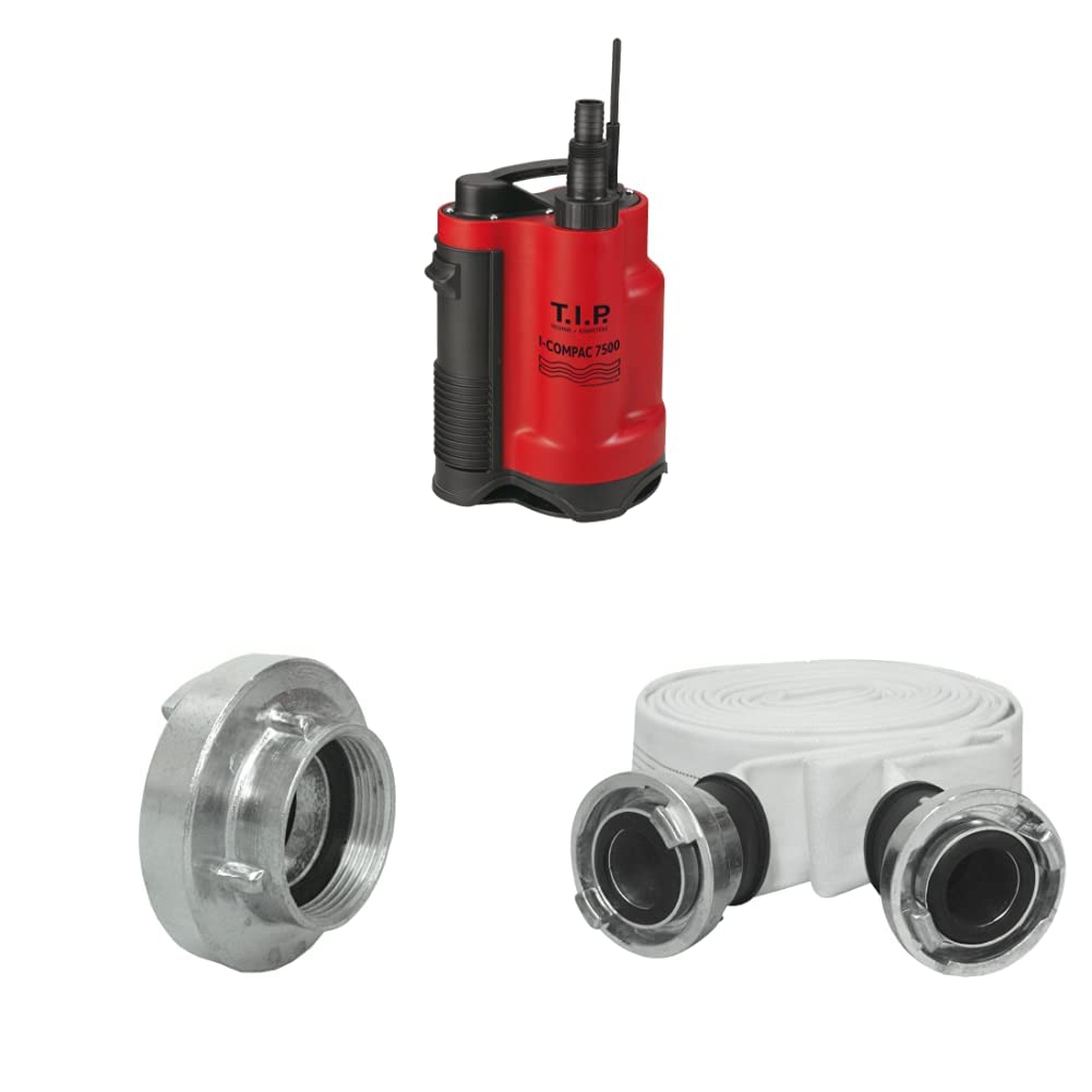 T.I.P. I-Compac 7500 Schmutzwasser-Drainage-Tauchpumpe mit C 52-Storz-Kupplung, 1,5 Zoll - 45,48 mm und T.I.P. Bau- und Industriegewebeschlauch mit 2" C 52-Storz-Kupplungen