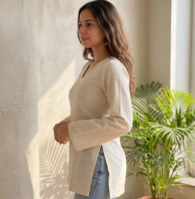 Image of Cotton Short Kurti for Women | Full Sleeves Kurti | Ethnic Kurta for Girls | Casual Shirt for Girl | V Neck Top for Women | Casual and Ethenic Wear | Beige