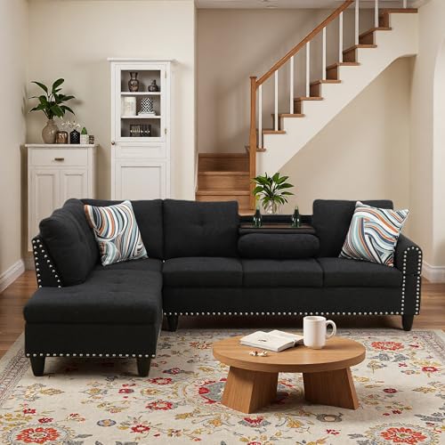 Image of L-Shaped Sectional Sofa, Modern 4-Seat Couch with Built-in Cup Holders, Upholstered Fabric Sectional Couch with Left Facing Chaise for Living Room, Apartment, Office, Black Gray