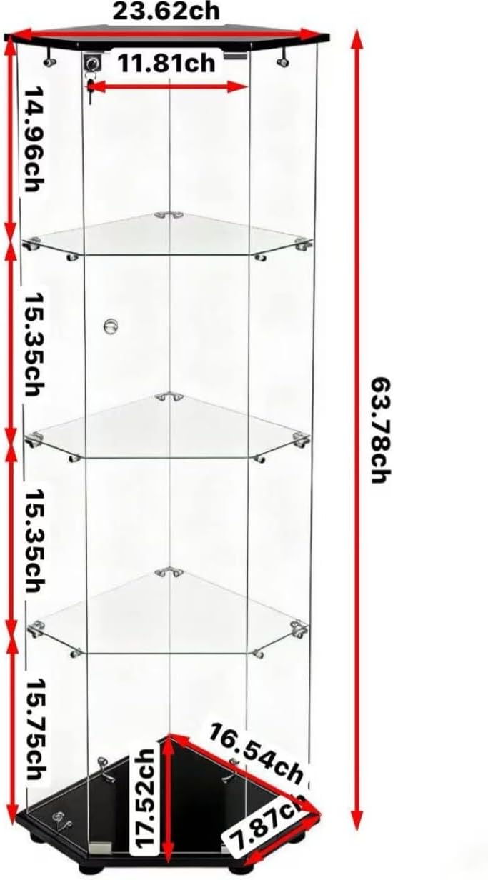 64" H 4-Shelf Tempered Glass Display Corner Cabinet, 5-Sided Liquor Cabinet with LED Lights, Lock & Adjustable Feet, 110 LBS Capacity Modern Curio Case for Living Room Corridor Office (Black)
