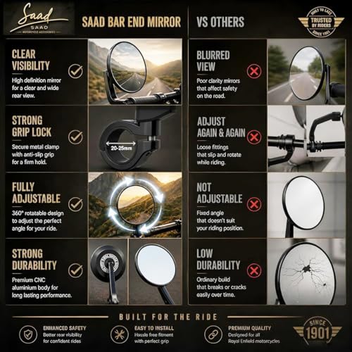 Image of SAAD Round Convex Bar End Mirror Compatible With All RE Motorcycles | Classic 350, Hunter 350, Meteor 350, etc | Rear View Mirror | Metal Handle & ABS Frame | Set of 2 Black | Bullet Accessories