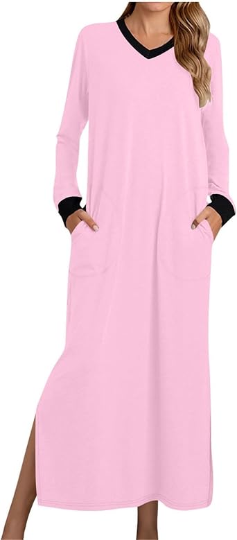 Womens Sleepwear Nightgown V Neck Long Sleeve Sleep Shirt with Pockets House Dress Casual Loungewear Robe