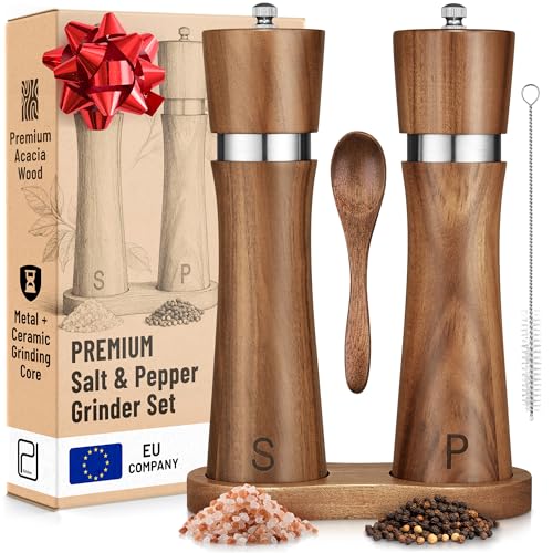 Ensemble de Moulins à Sel et Poivre en Bois d’Acacia avec Plateau - 60 g chacun - Moulins Manuels Hauts Rechargeables pour Grains de Poivre, Sel, Épices -...