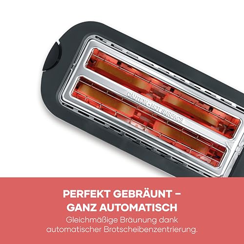 Severin Automatik-Langschlitztoaster, Toaster mit Brötchenaufsatz, hochwertiger Edelstahl Toaster mit großen Röstkammern und 1400 W Leistung, Auftau-Funktion, dark inox/schwarz, AT 9341 4