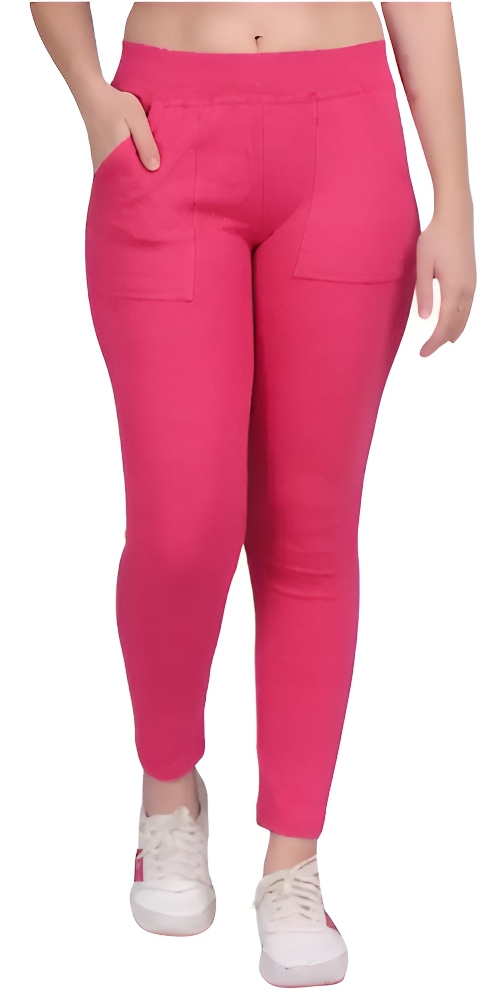 Women's High Waist Ankle Length Leggings with Side Pockets, Pink, Cotton Blend, Slim Fit, Stretch Fabric, Size 34-picture-26